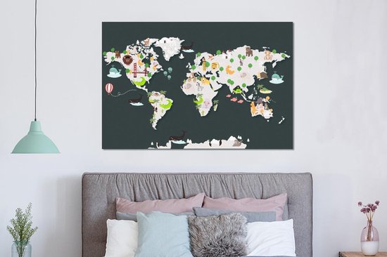 Décoration murale Métal - Peinture Aluminium - Wereldkaart - Enfants - Animaux - 150x100 cm