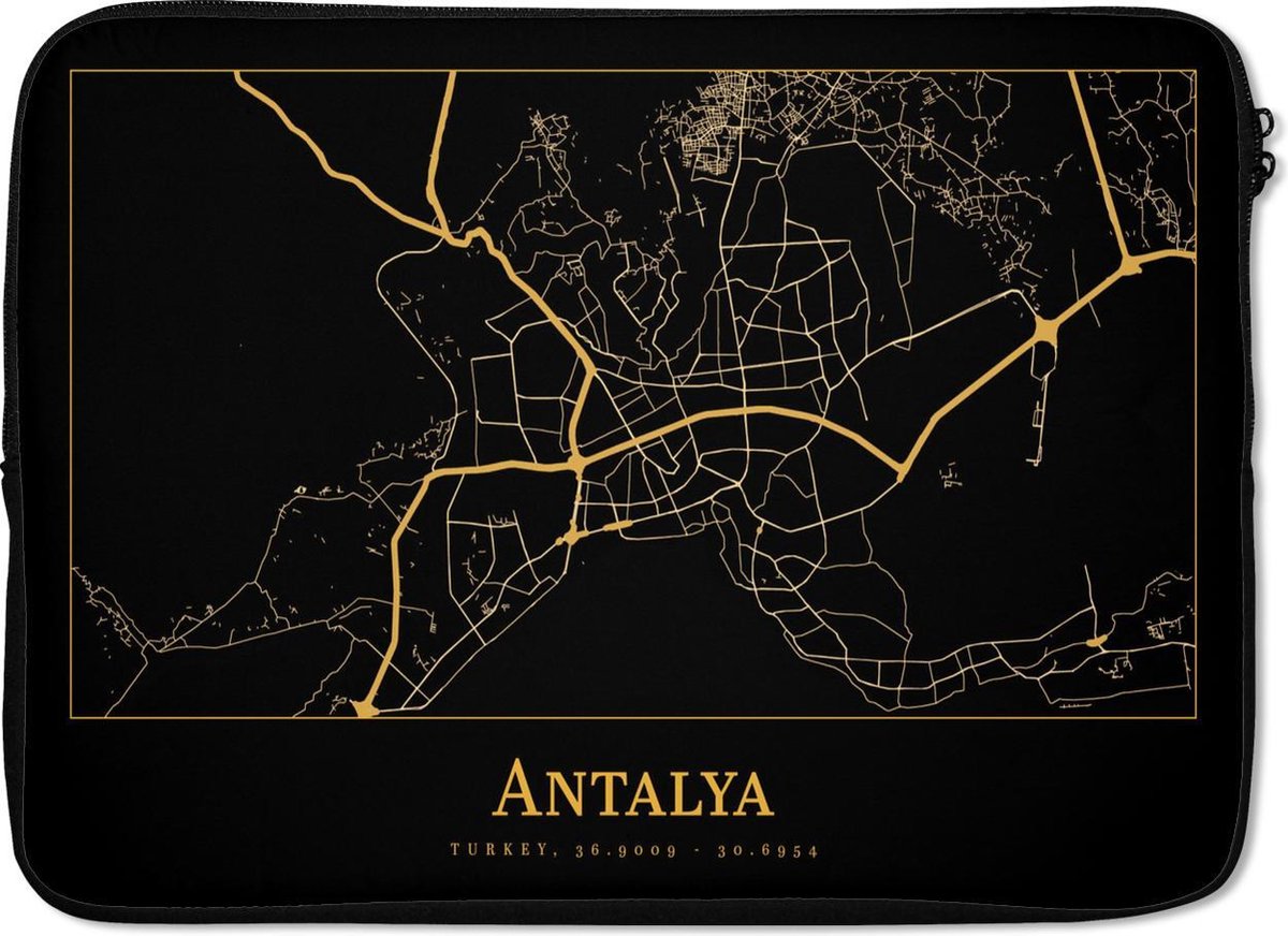 Laptophoes 13 inch - Kaart - Antalya - Turkije - Goud - Zwart - Laptop sleeve - Binnenmaat 32x22,5 cm - Zwarte achterkant