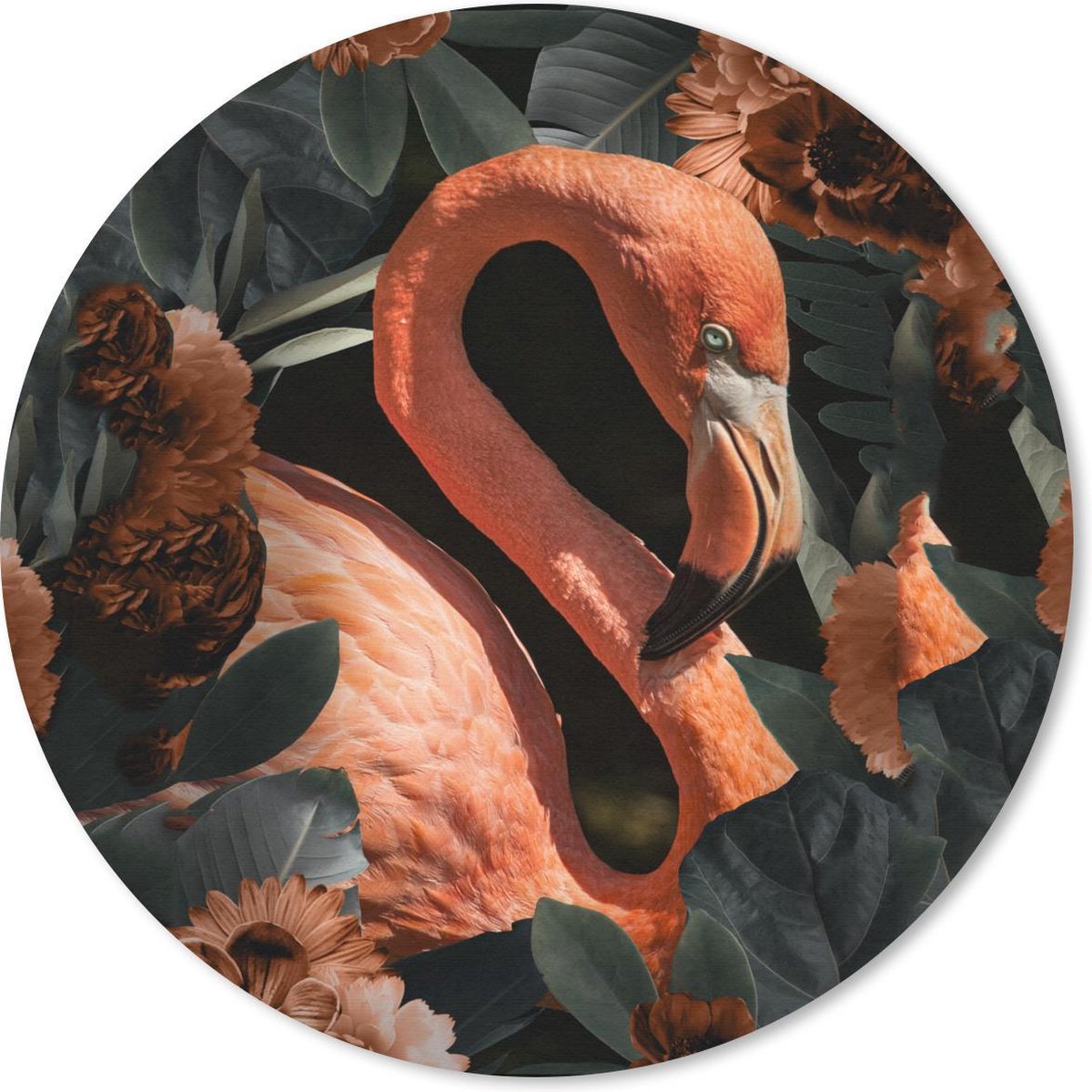 Muismat rond 30x30 cm - Mousepad Flamingo - Vogel - Bloemen - Bladeren - Ronde muismatten