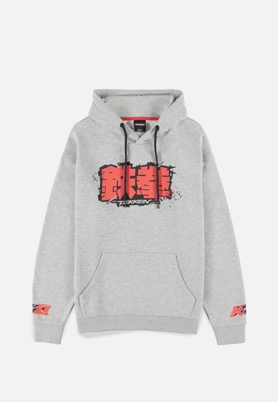 Grijze hoodie met rode kanji-opdruk en 'TEKKEN' op de voorkant. Rode logo's op de mouwen.