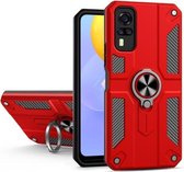 Koolstofvezelpatroon PC + TPU-beschermhoes met ringhouder voor vivo Y51 2020 (rood)