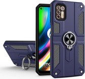 Voor Motorola Moto G9 Plus koolstofvezelpatroon pc + TPU-beschermhoes met ringhouder (saffierblauw)