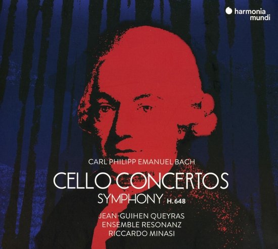 CDhoes met een rode abstracte afbeelding van het hoofd van Johann Sebastian Bach op een blauwe gestreepte achtergrond, met titel en uitvoerders.