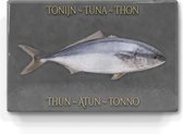 tonijn op donkergrijze achtergrond  - niet van echt te onderscheiden schilderijtje op hout - tonijn in 6 talen -  Laqueprint