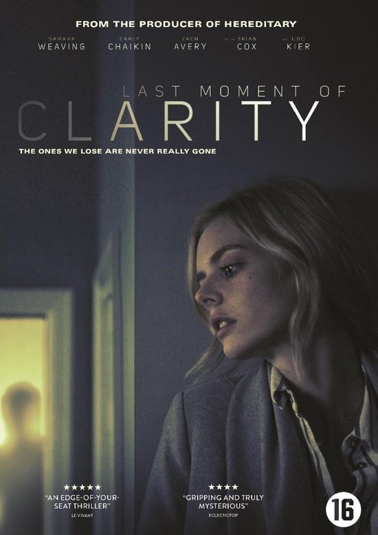 DVD hoes van "Last Moment of Clarity" met een blonde vrouw in een grijze blazer, een silhouet in een deuropening.