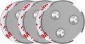 Drie ronde, grijze magnetische rookmelderbevestigingen met 3M-tape, elk met drie zilverkleurige magnetische pinnen.
