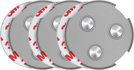 Drie ronde, grijze magnetische rookmelderbevestigingen met 3M-tape, elk met drie zilverkleurige magnetische pinnen.