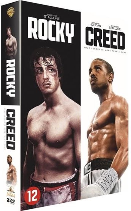 DVD-hoes met Rocky (Sylvester Stallone) en Creed (Michael B. Jordan), beide met bokshandschoenen.