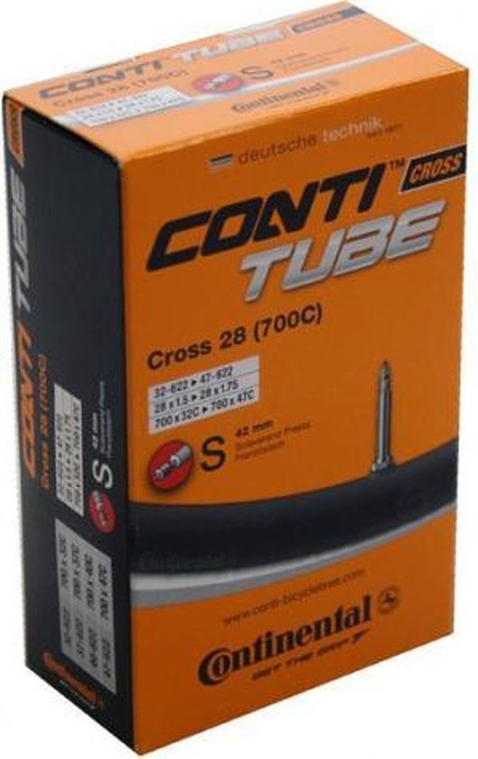 Oranje doos voor Conti Tube Cross 28 (700C) binnenband met Presta ventiel, maten 32-622 tot 700x47c.