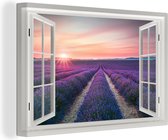 Doorkijk schilderij - Lavendel - Zonsondergang - Paars - Landschap - Roze - Canvas doorkijk - Houten raam - Wanddecoratie - 120x80 cm