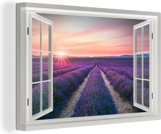 Foto: Doorkijk schilderij lavendel zonsondergang paars landschap roze canvas doorkijk houten raam wanddecoratie 120x80 cm