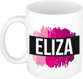 Eliza  naam cadeau mok / beker met roze verfstrepen - Cadeau collega/ moederdag/ verjaardag of als persoonlijke mok werknemers