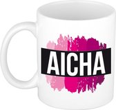 Aicha naam cadeau mok / beker met roze verfstrepen - Cadeau collega/ moederdag/ verjaardag of als persoonlijke mok werknemers