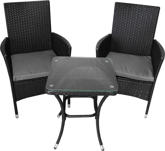 Zwart rotan bistroset met glazen tafel, twee stoelen met grijze kussens.