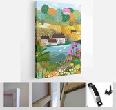 Nature, landscape, family and people. Vector illustration of a house, lake, field, view, village, tree and flowers - Modern Art Canvas - Vertical - 1898633704 - 40-30 Vertical