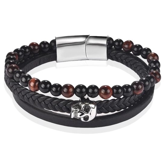 Bracelet homme Memphis Tijgeroog Skull Cuir Tressé Zwart Marron-22cm