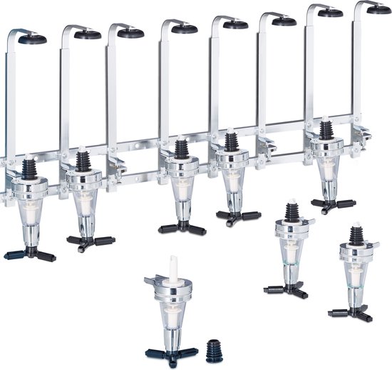 Een muurmontage drankdispenser met 6 stations en 3 losse dispensers.