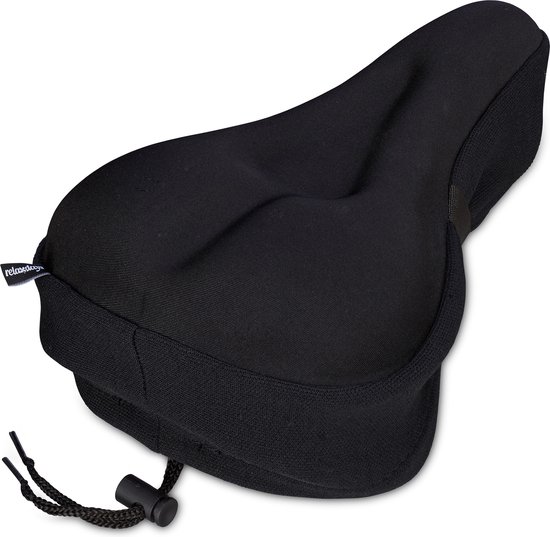 Zwarte fietszadelhoes met relaxdays label en verstelbaar trekkoord.