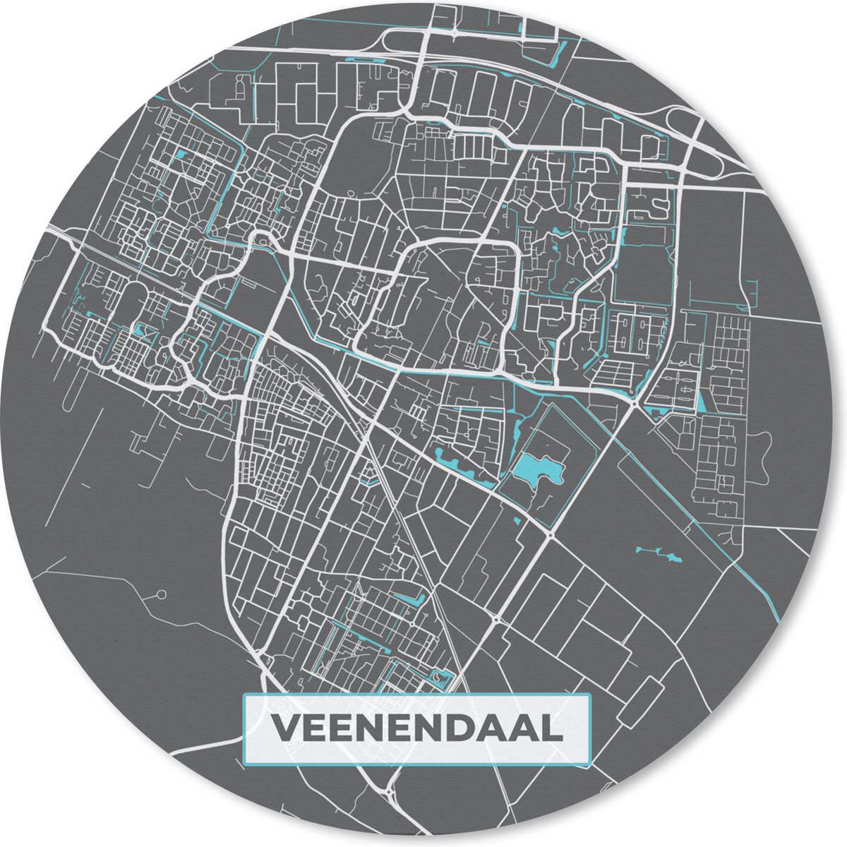 Muismat rond 20x20 cm - Mousepad Plattegrond - Veenendaal - Grijs - Blauw - Ronde muismatten - Stadskaart