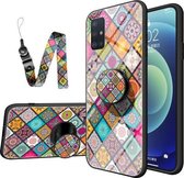 Voor Samsung Galaxy A51 5G Geschilderd Etnisch Patroon Gehard Glas TPU Schokbestendig Hoesje met Opvouwbare Magnetische Houder & Nekband (Geruit)