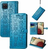 Voor Galaxy A12 Leuke Kat en Hond Reliëf Horizontale Flip Lederen Case met Houder & Kaartsleuven & Portemonnee & Lanyard (Blauw)