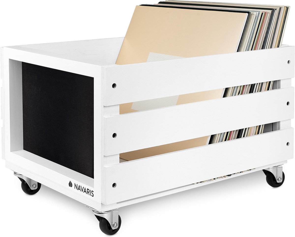Navaris opbergkist voor LP's met krijtbord - Houten krat op wieltjes - Opbergbox voor 50 - 80 platen - Kist van hout in vintage stijl - Wit