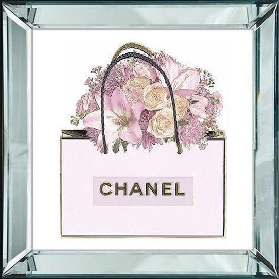40 x 40 cm - Spiegellijst met prent - Chanel tas met bloemen - prent achter glas