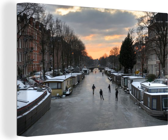 Canvas Schilderij Amsterdam - Schaatsen - Winter - 90x60 cm - Wanddecoratie