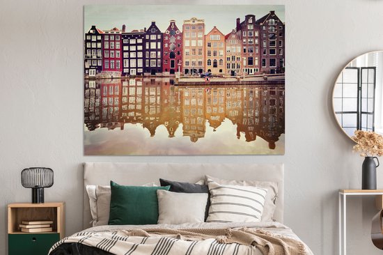 Réflexion des façades typiques dans l'eau en toile 180x120 cm - Tirage photo sur toile peinture Décoration murale salon / chambre à coucher) / Villes toile Peintures XXL / Groot format!
