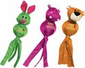Groene konijn, paarse nijlpaard en oranje leeuw Wubba speelgoed met lange flappen.