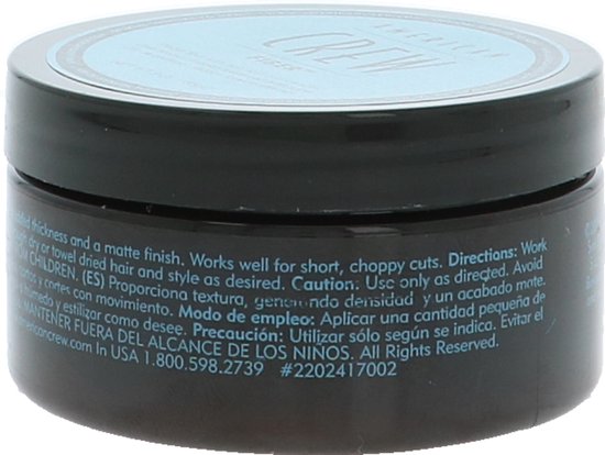 Zij-aanzicht American Crew Fiber pot, met productinformatie.