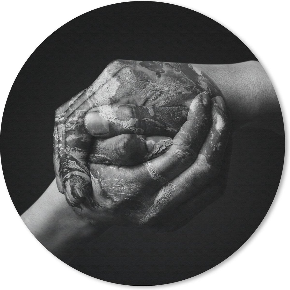 Muismat rond 40x40 cm - Mousepad Aarde - Hand - Zwart - Wit - Ronde muismatten