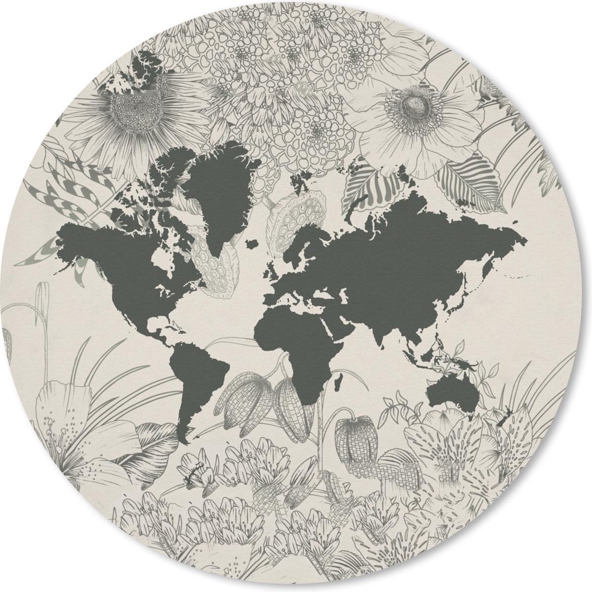 Muismat rond 50x50 cm - Mousepad Wereldkaart - Grijs - Bloem - Ronde muismatten