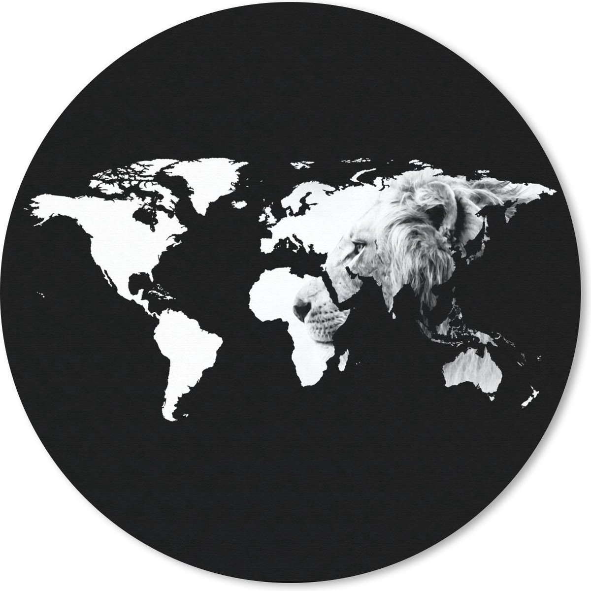 Muismat rond 40x40 cm - Mousepad Wereldkaart - Leeuw - Zwart Wit - Ronde muismatten