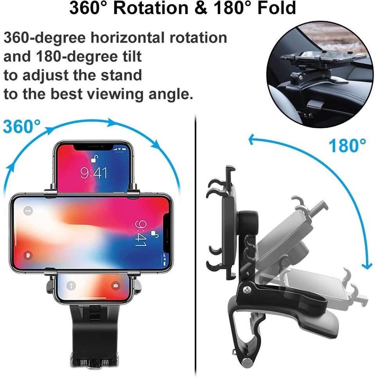 Support Voiture Pour Téléphone Avec Rotation 360° - Fixation à L'aération, Noir, En ABS