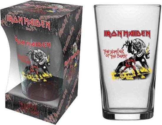 Iron Maiden 'The Number of the Beast' glas in verpakking en los glas.