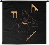 Wandkleed - Wanddoek - Vrouw - Goud - Zwart - Line art - 90x90 cm - Wandtapijt