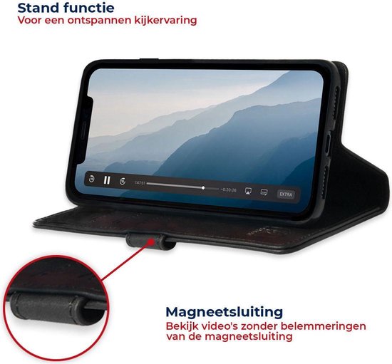 Zwarte lederen book case met standfunctie, magnetische sluiting en een ingezoomd detail van de sluiting.