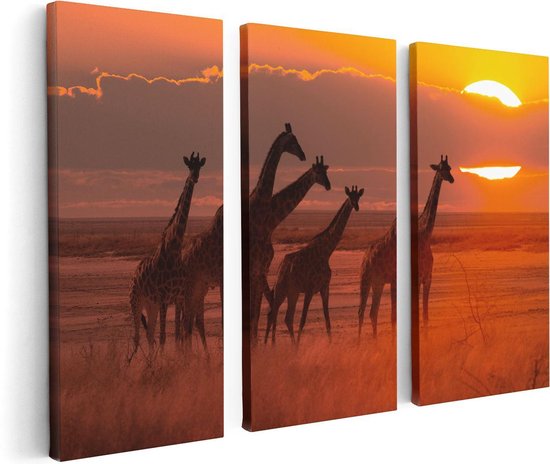 Artaza Canvas Schilderij Drieluik Giraffe Kudde Bij Zonsondergang - 120x80 - Foto Op Canvas - Canvas Print