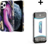 ShieldCase geschikt voor Apple iPhone 12 / 12 Pro - 6.1 inch hoesje marmer - paars + glazen Screen Protector