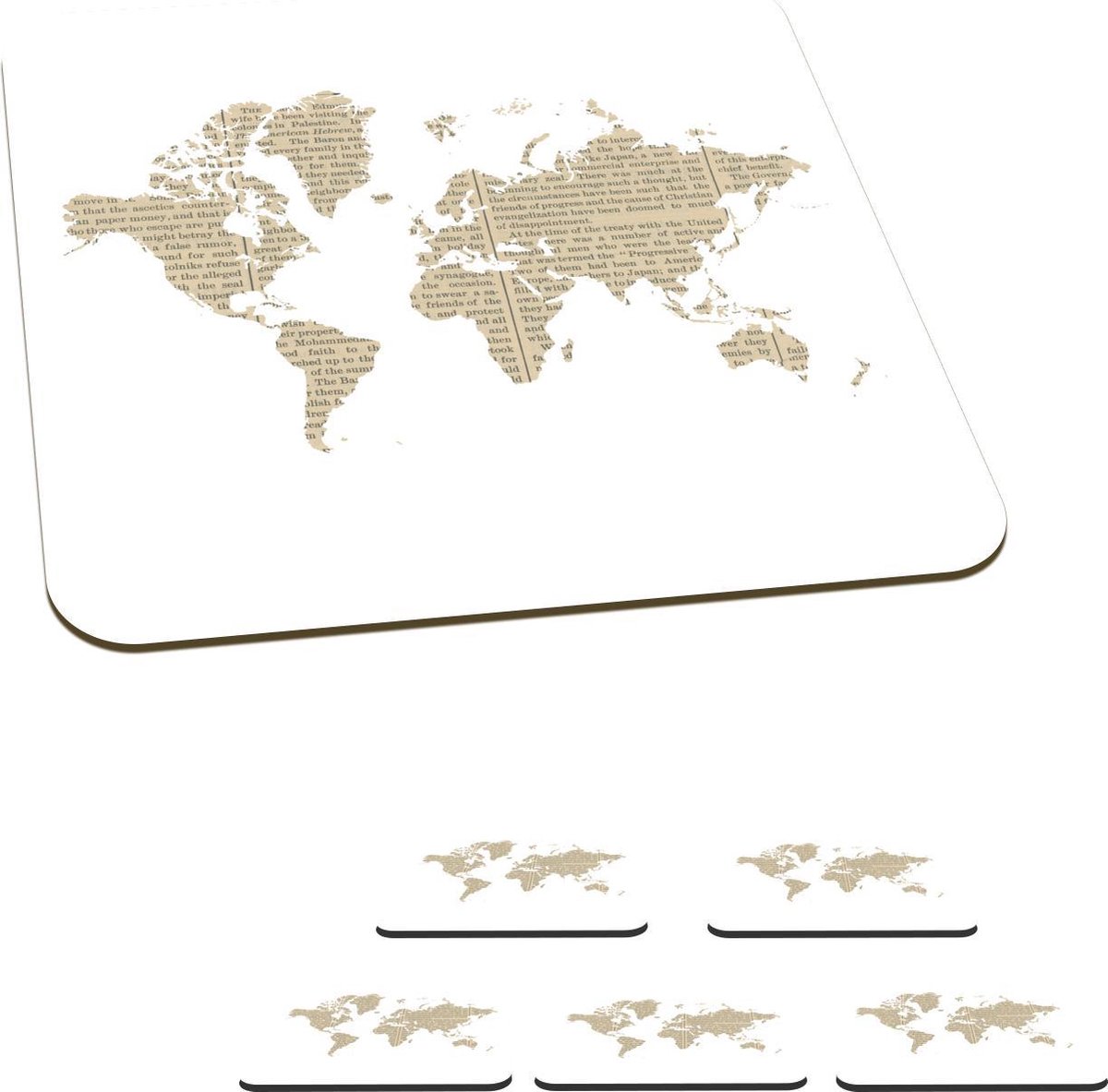 Onderzetters voor glazen - Wereldkaart - Krant - Wit - 10x10 cm - Glasonderzetters - 6 stuks