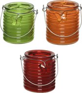 Set van 3x stuks citronella anti muggen kaarsen windlicht groen, oranje en rood 20 branduren