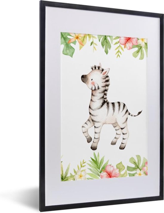 Fotolijst incl. Poster - Zebra - Jungle - Bloemen - Planten - 40x60 cm - Posterlijst