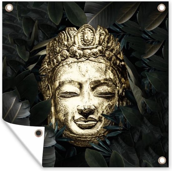 Tuinposters Boeddha - Licht - Goud - Bladeren - 50x50 cm - Tuindoek - Buitenposter