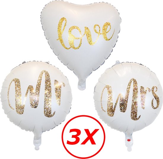 Bruiloft Versiering Mrs & Mr Huwelijk Decoratie Helium Ballonnen Goud & Wit Bruiloft Ballon Met Rietje 40 Cm – 3 Stuks