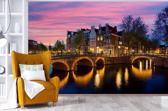 Papier peint - Papier peint photo Amsterdam - Nuit - Canal - Largeur 360 cm x hauteur 240 cm