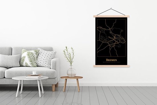 Posterhanger incl. Poster 120x180 cm - Schoolplaat - Kaart - Bremen - Goud - Zwart - Textielposter - Blanke latten
