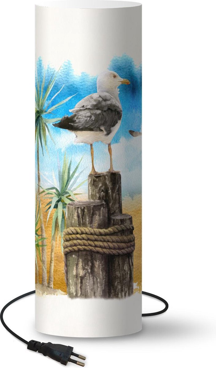 Lamp - Nachtlampje - Tafellamp slaapkamer - Vogel - Boom - Strand - Waterverf - 70 cm hoog - Ø22.3 cm - Inclusief LED lamp