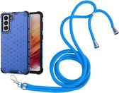 Voor Samsung Galaxy S21 FE Schokbestendig Honingraat PC + TPU Case met Nekkoord (Blauw)