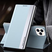 Side gegalvaniseerde magnetische ultradunne horizontale flip lederen hoes met houder voor IPhone 13 Pro (lichtblauw)